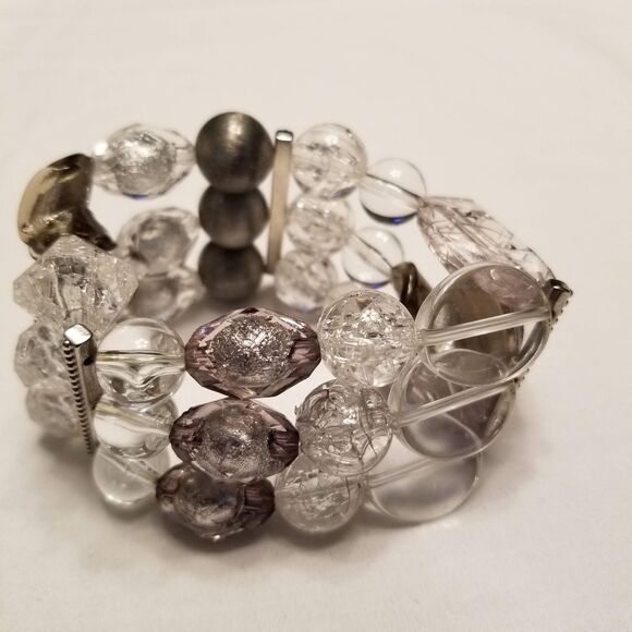 Vintage Chunky Lucite Beaded Statement Bracelet Clear Silver Smoky Y2K Boho Glam - Picture 4 of 7